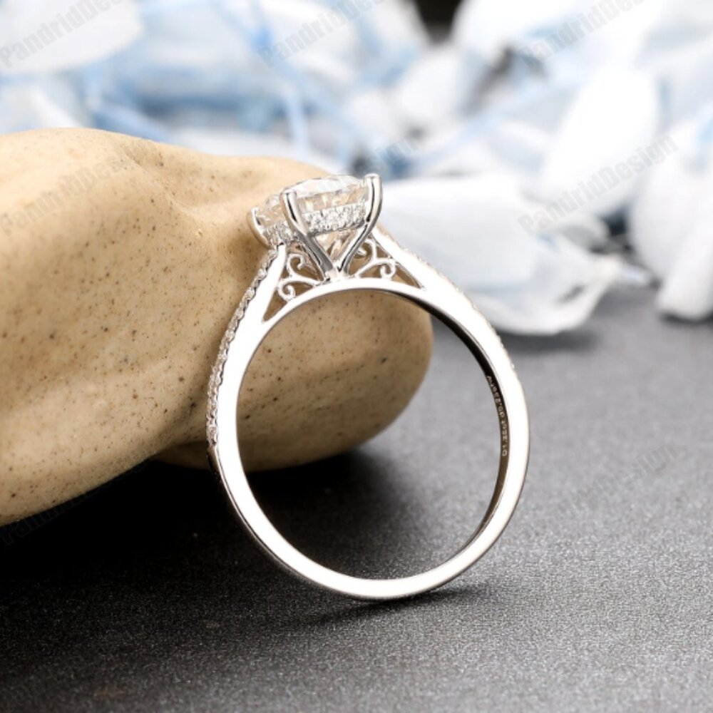 Vintage Hidden Halo Moissanite 1.25CT Round 7mm Ring, 18k Solid White Gold Metal